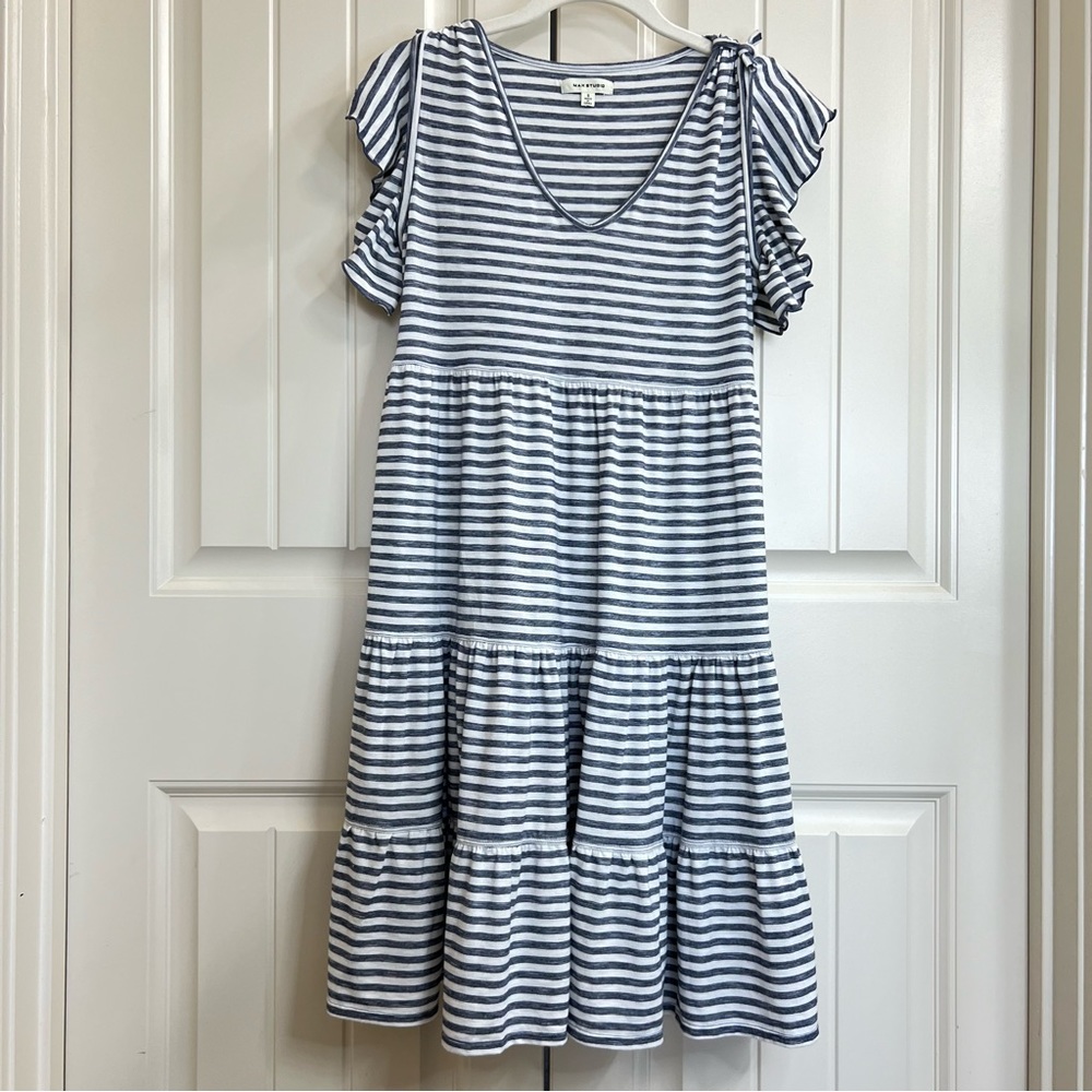 Max Studio Womens Jersey Knit V-Neck Ruffles Dress in Blue/White Stripes, Size S